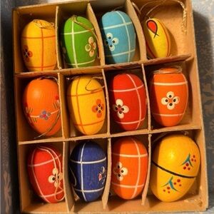 Vintage ~ 12 Easter Egg Ornaments ~ Wooden ~ Hand Painted